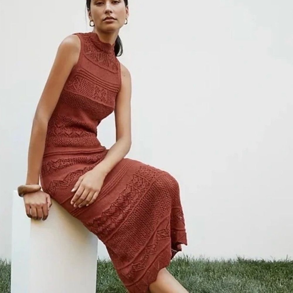 Anthropologie Crochet Midi Dress Size Small Mock Neck In Burnt Sienna